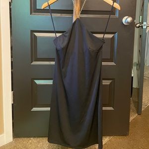 Express Black Strapless dress w/ gold necklace